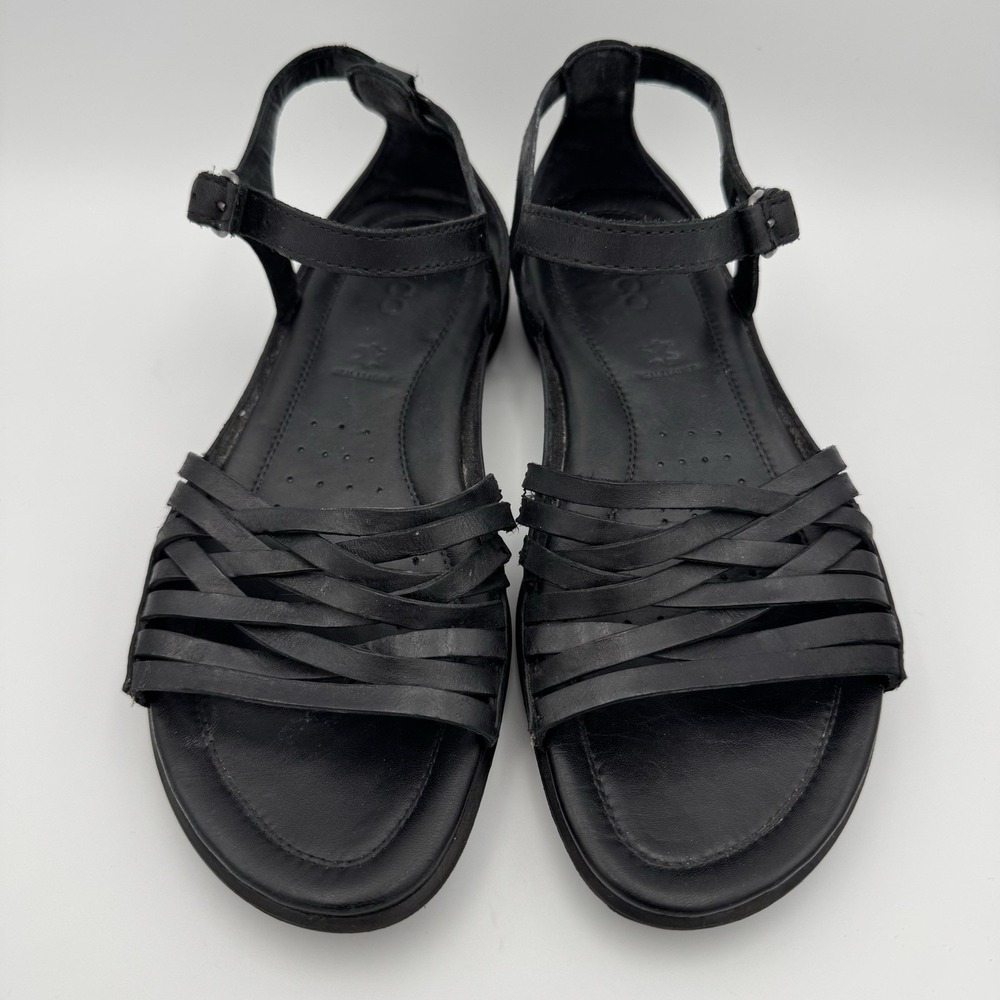 ECCO Flash Black Leather Adjustable T-Strap Flat Sandals Women's EU 38 7-7.5